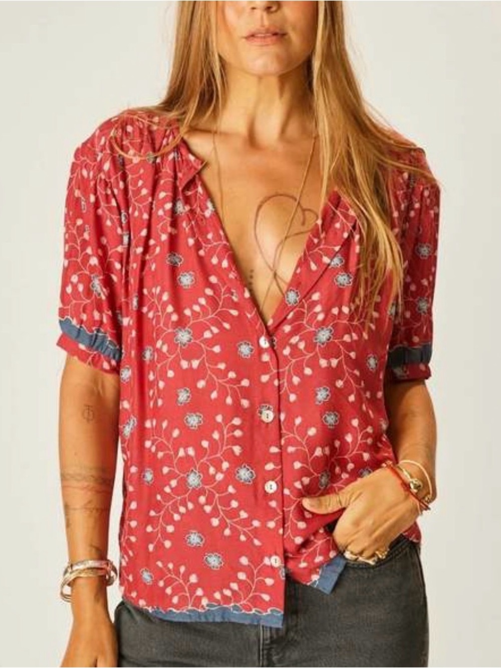 Natalie Martin Rust Floral Button-Front Blouse with Blue Trim